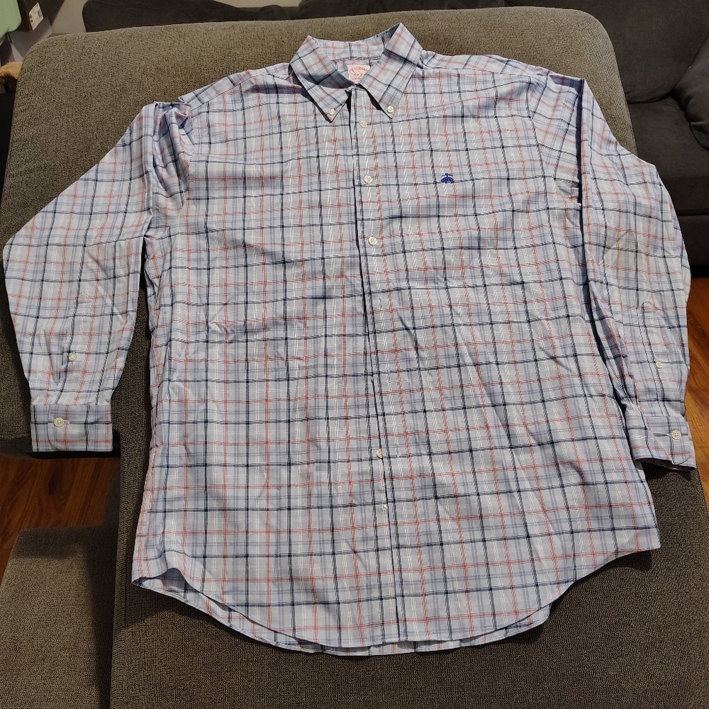 Brooks Brothers Shirt Mens Large Blue Plaid Madison Fit Button Down No Iron Logo